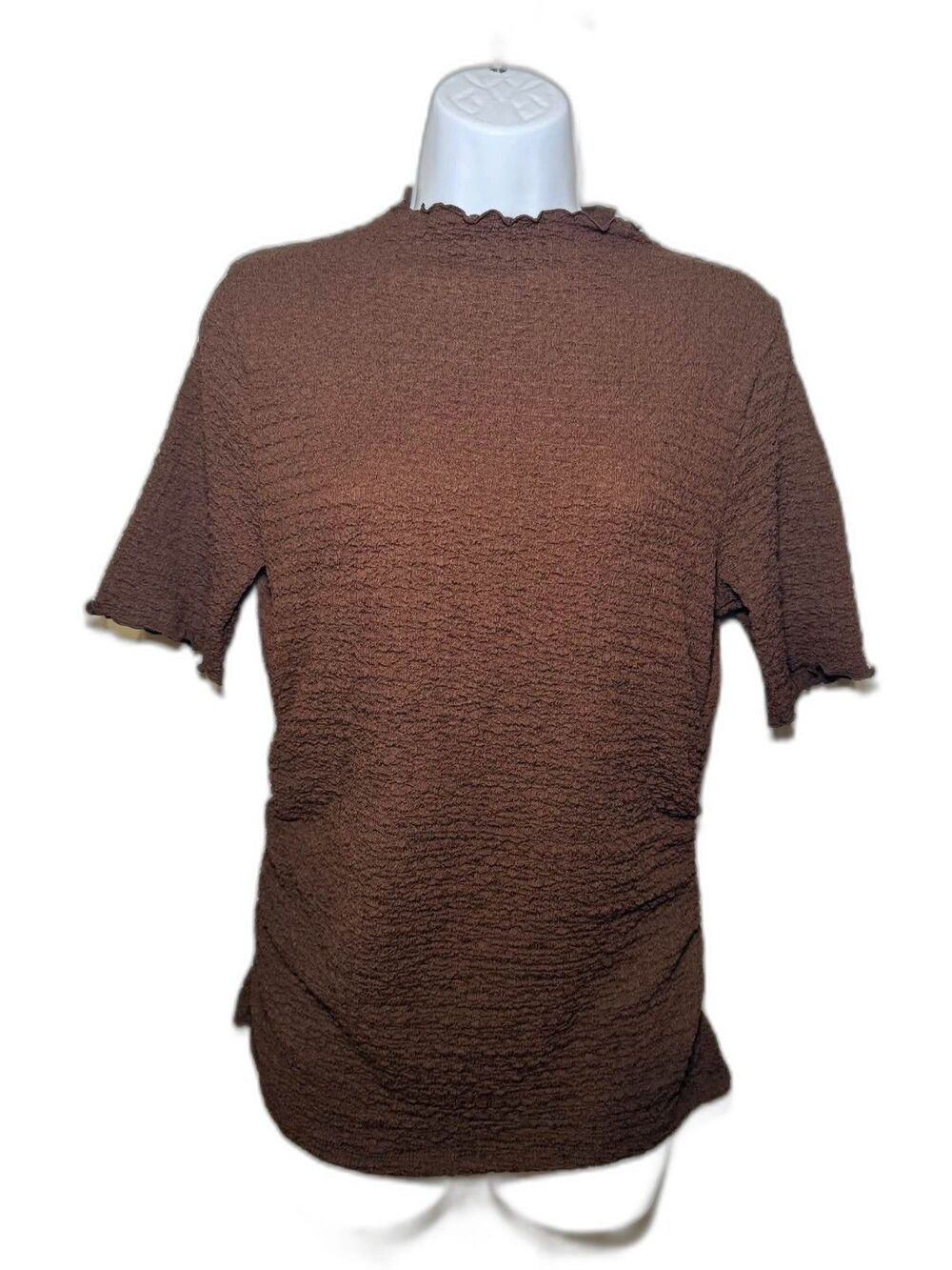 A New Day Mock Neck Textured Top Medium Brown Short Sleeve Crinkle Shirt